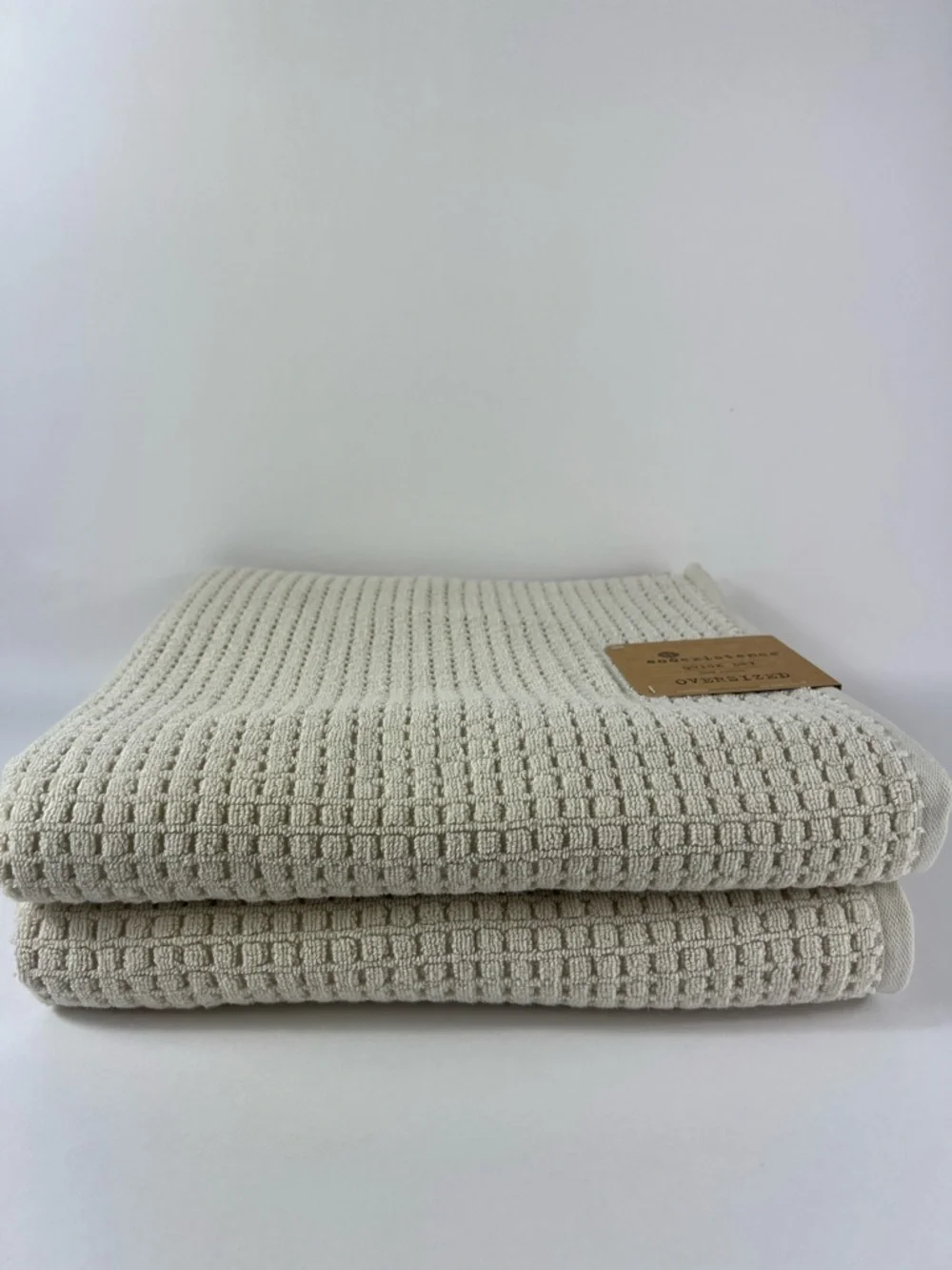 Ecoexistence Oversized Bath Towel Set Tan Waffle Cotton Quick Dry Set of 2 NEW